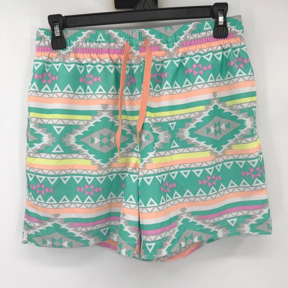 Chubbies Swim Trunks Men Small Teal Geometric Tribal 5.5